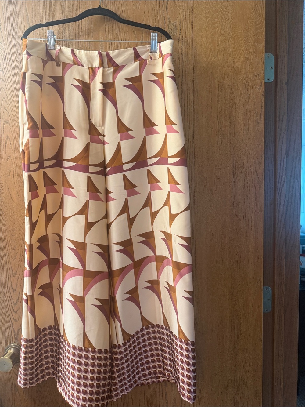 Worthington Cream Geometric Wide-Leg Pants with Brown and Pink Print